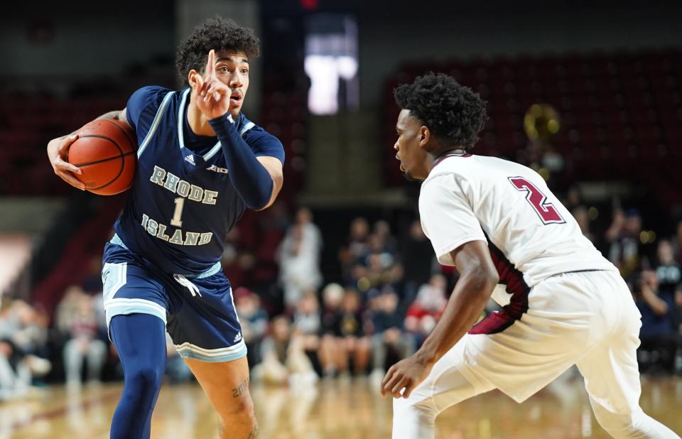 URI's Luis Kortright signals to his teammates during Sunday's game against UMass.