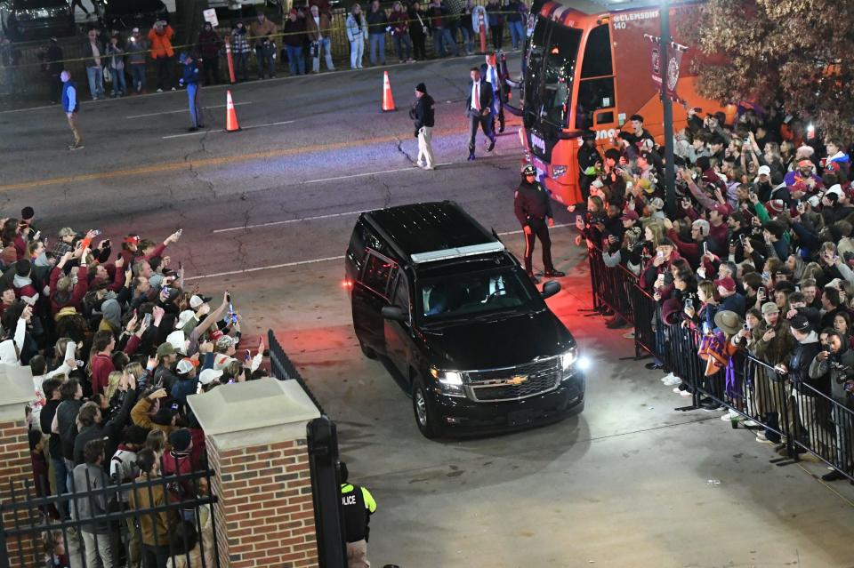 Former President Trump's motorcade is seen arriving at Williams-Brice Stadium in Columbia, S.C. Saturday night.