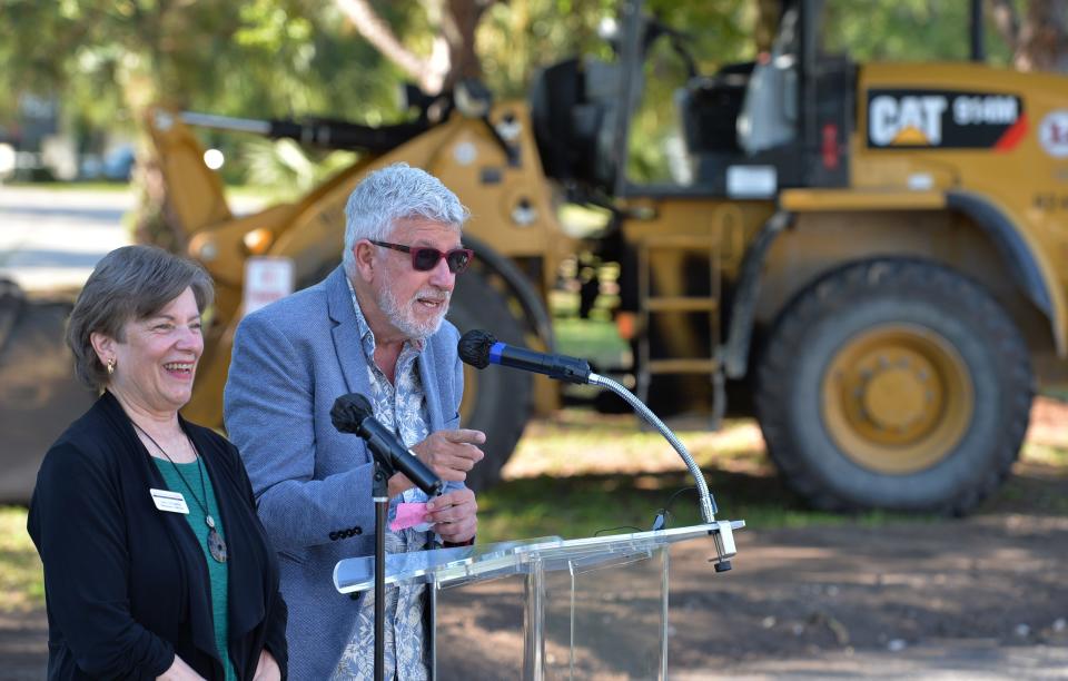 Asolo Rep Managing Director Linda DiGabriele, left, and Producing Artistic Director Michael Donald Edwards speak to guests at the 2021 groundbreaking for an expanded rehearsal hall facility.