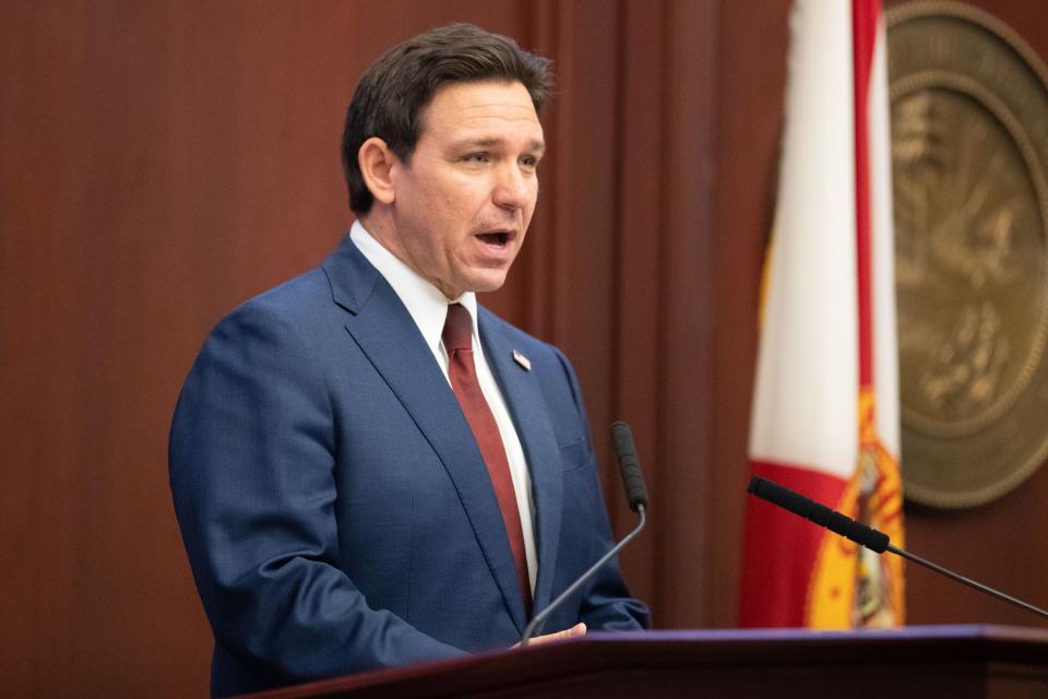 Gov. Ron DeSantis gives the State of the State address on opening day of the 2024 Florida Legislative Session on Tuesday, Jan. 9, 2024.