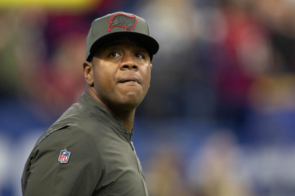 Nov 28, 2021; Indianapolis, Indiana, USA;  Tampa Bay Buccaneers Offensive coordinator Byron Leftwich before the game against the Indianapolis Colts at Lucas Oil Stadium. Mandatory Credit: Trevor Ruszkowski-USA TODAY Sports