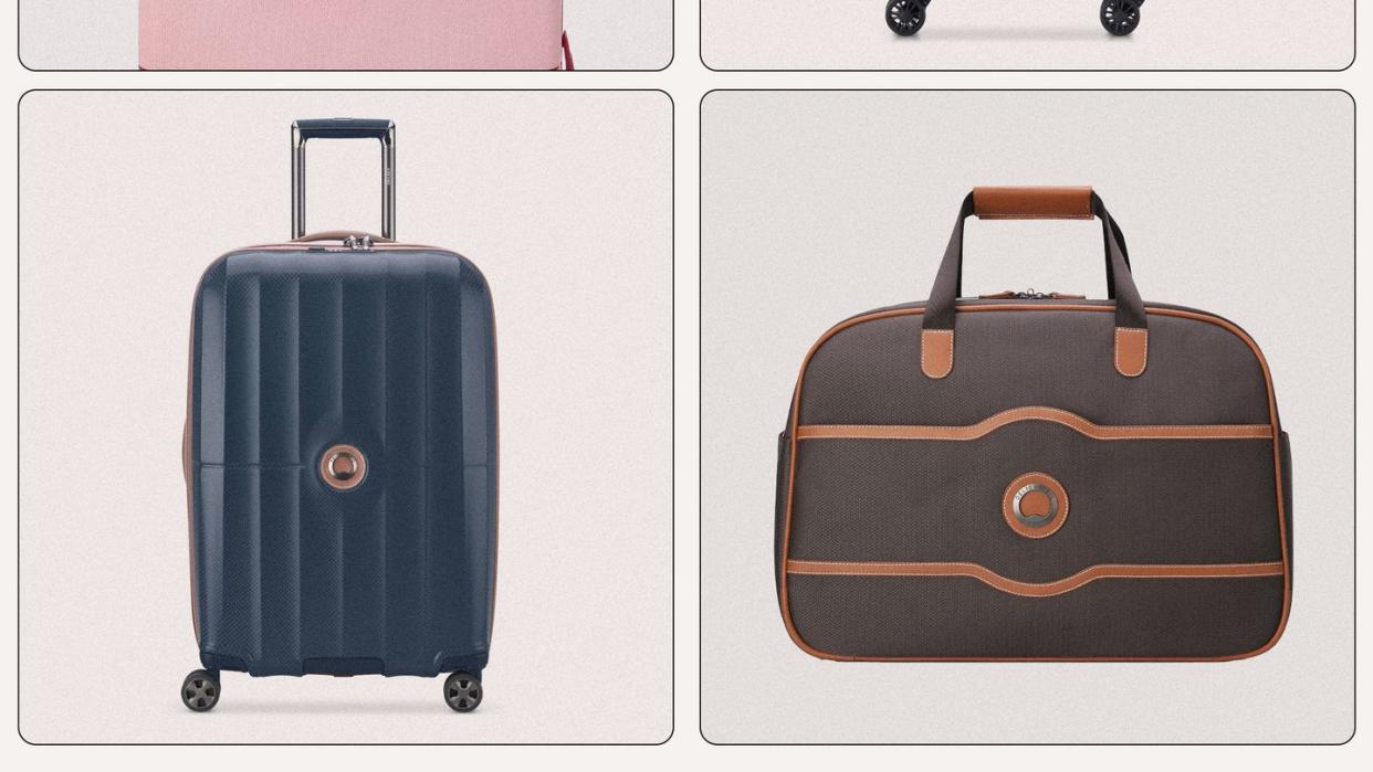 a collage of different colored luggage