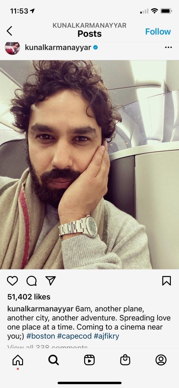 Actor Kunal Nayyar, best known as scientist Raj Koothrappali on 12 seasons of CBS comedy mega-hit “The Big Bang Theory,” posted on Instagram last week about flying to Cape Cod to film the movie of "The Storied Life of A.J. Fikry."