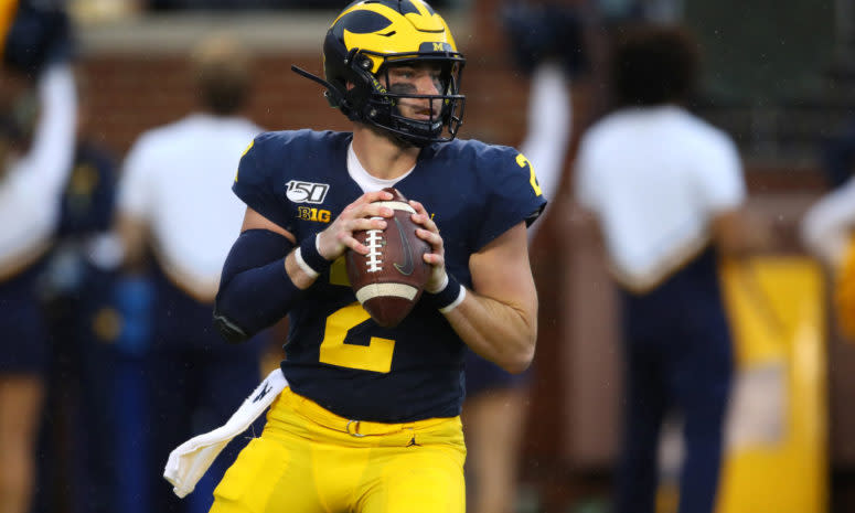 Shea Patterson of Michigan drops back against Rutgers.