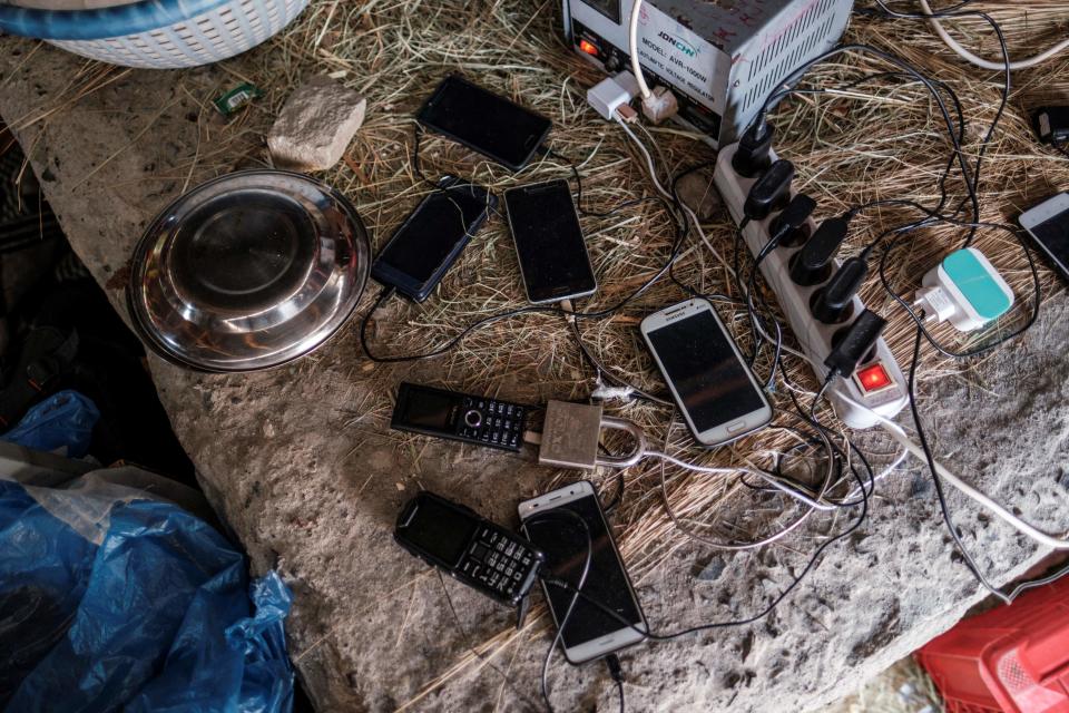 Phones being charged at a temporary shelter.