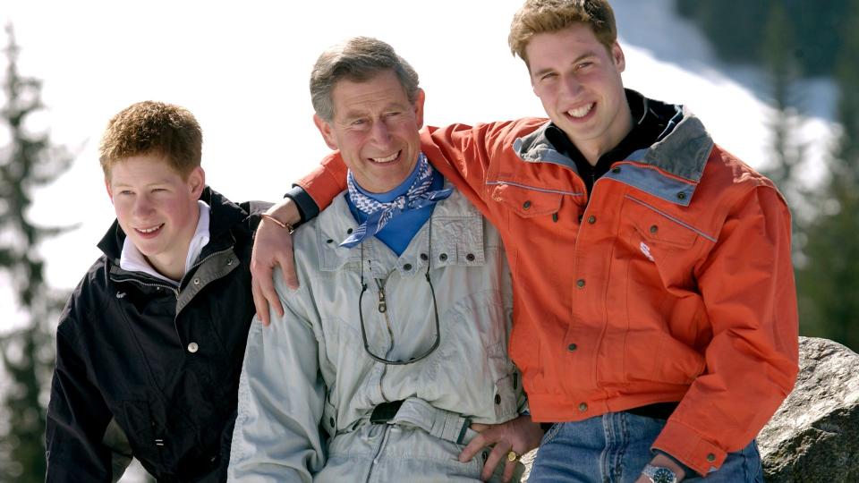 Prince William throws his arm around a smiling Charles and Harry joins them