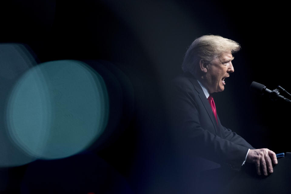 President Donald Trump speaks at the 91st Annual Future Farmers of America Convention and Expo at Bankers Life Fieldhouse in Indianapolis, Saturday, Oct. 27, 2018. (AP Photo/Andrew Harnik)