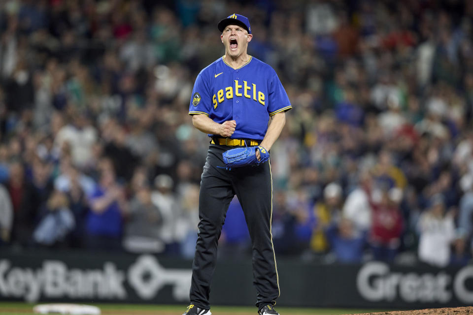 Seattle Mariners closing pitcher Paul Sewald reacts after striking out Chicago White Sox's Jake Burger for the final out of a baseball game Friday, June 16, 2023, in Seattle. (AP Photo/John Froschauer)