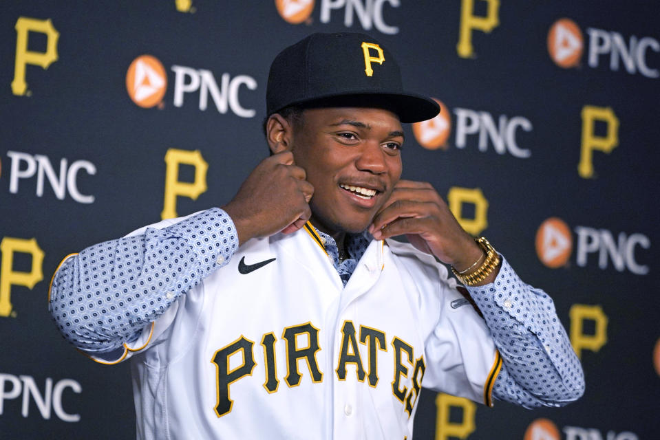 Pittsburgh Pirates first-round draft selection Termarr Johnson meets with reporters after signing his contract with the team, before a baseball game between the Pirates and the Philadelphia Phillies in Pittsburgh, Friday, July 29, 2022.(AP Photo/Gene J. Puskar)