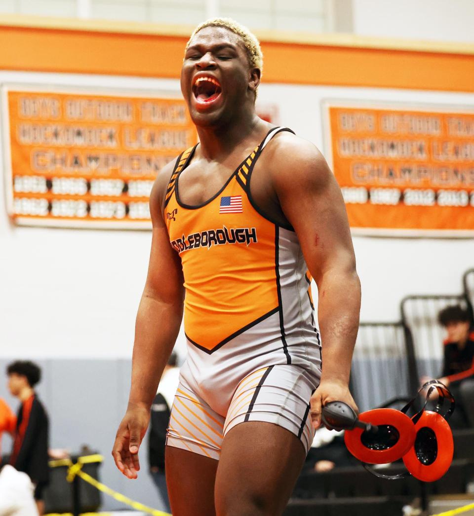 Middleboro's Ken-Bennett Mentee, won the 190 pound finals wrestling match versus Somerset-Berkely's Owen Pavao during Division 2 South Sectionals on Saturday, Feb. 10, 2024.