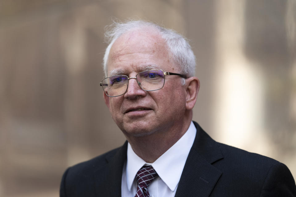 Attorney John Eastman, the architect of a legal strategy aimed at keeping former President Donald Trump in power, talks to reporters after a hearing in Los Angeles, Tuesday, June 20, 2023. Eastman faces 11 disciplinary charges in the State Bar Court of California stemming from his development of a dubious legal strategy aimed at having Vice President Mike Pence interfere with the certification of President Joe Biden's victory. (AP Photo/Jae C. Hong)