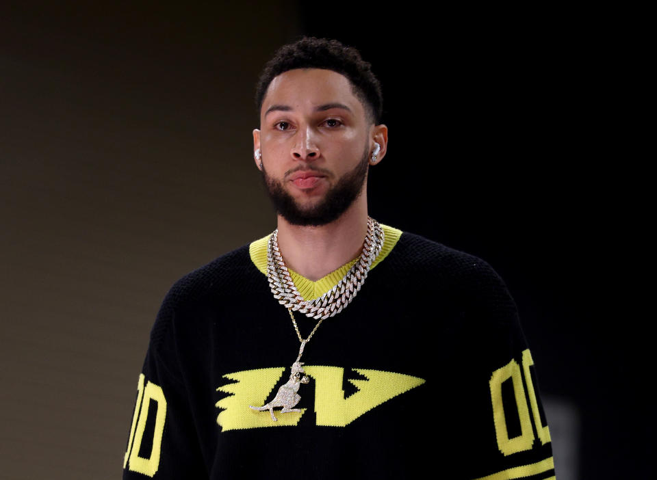 Brooklyn Nets' Ben Simmons walks in the visitor entrance before the game against the Philadelphia 76ers at Wells Fargo Center on March 10, 2022, in Philadelphia. (Photo by Elsa/Getty Images)