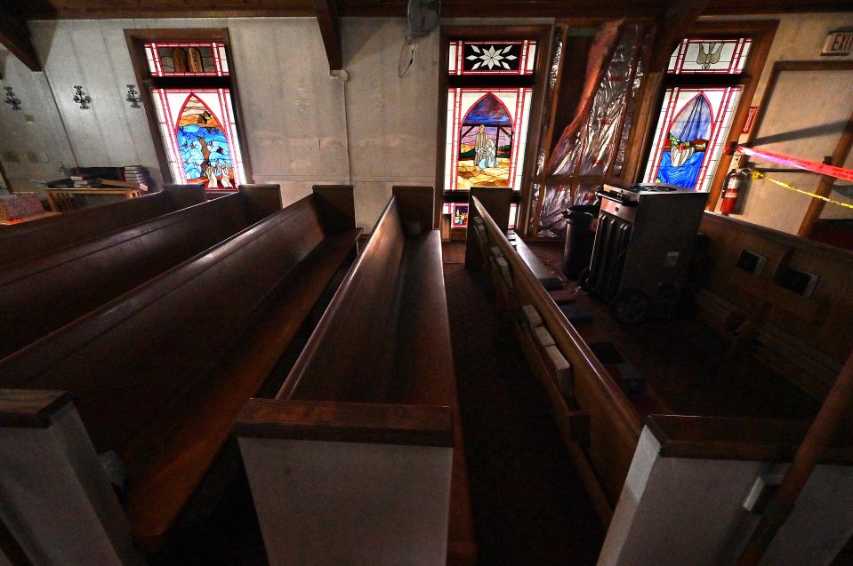 The stained-glass windows at the Church of the Nativity were not damaged by the fire.