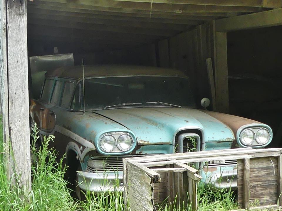From the edge of the road, a vintage Edsel station wagon. (Laura Lane / Herald-Times)