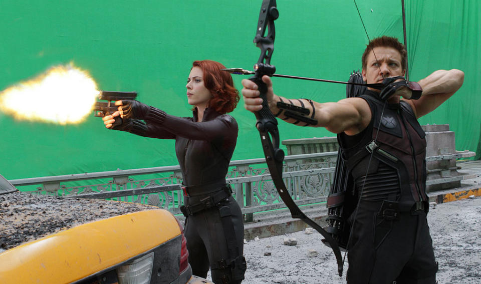 All of the stars did their own fight choreography on the often intense set. In the final scene, in order to get the action to look right, Tom Hiddleston (Loki) told the 6'3" Chris Hemsworth (Thor) to really hit him. Jeremy Renner, who plays Hawkeye, ripped a shoulder/back muscle while filming one of his fight scenes, which caused shooting to shut down. And after filming one particular scene, Johansson felt like she was actually beat up. "I was like, 'Can you hold it back, OK? You know, I'm trying to work it out here. I've got smaller muscles than you.' I was dragged across the [floor]. When we finally finished [filming] that scene I was just happy to be alive," says Johansson.