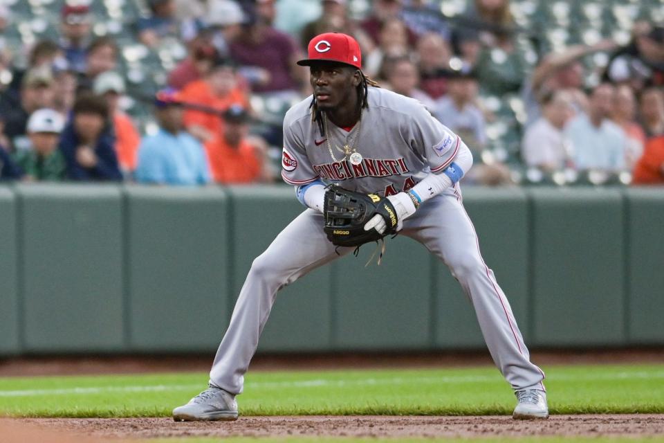 Jun 27, 2023; Baltimore, Maryland, USA;  Cincinnati Reds third baseman Elly De La Cruz (44) looks into home plat during the third inning against the Baltimore Orioles at Oriole Park at Camden Yards.