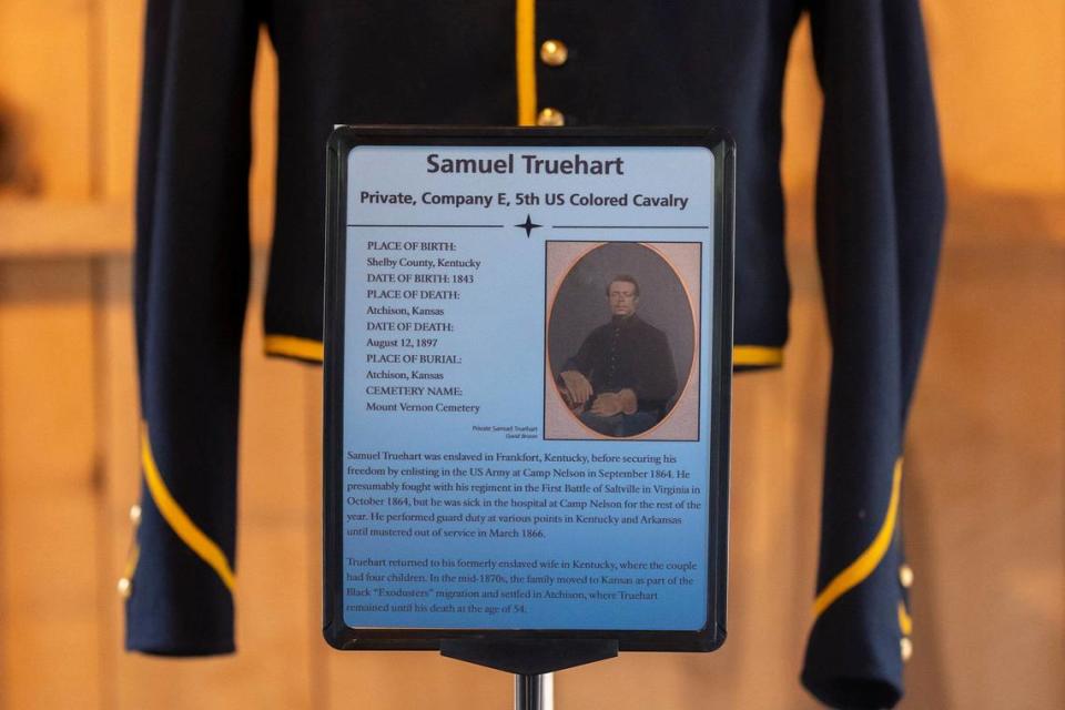 Information about Samuel Truehart, a private in the U.S. Colored Cavalry, is on display in the barracks at Camp Nelson National Monument.