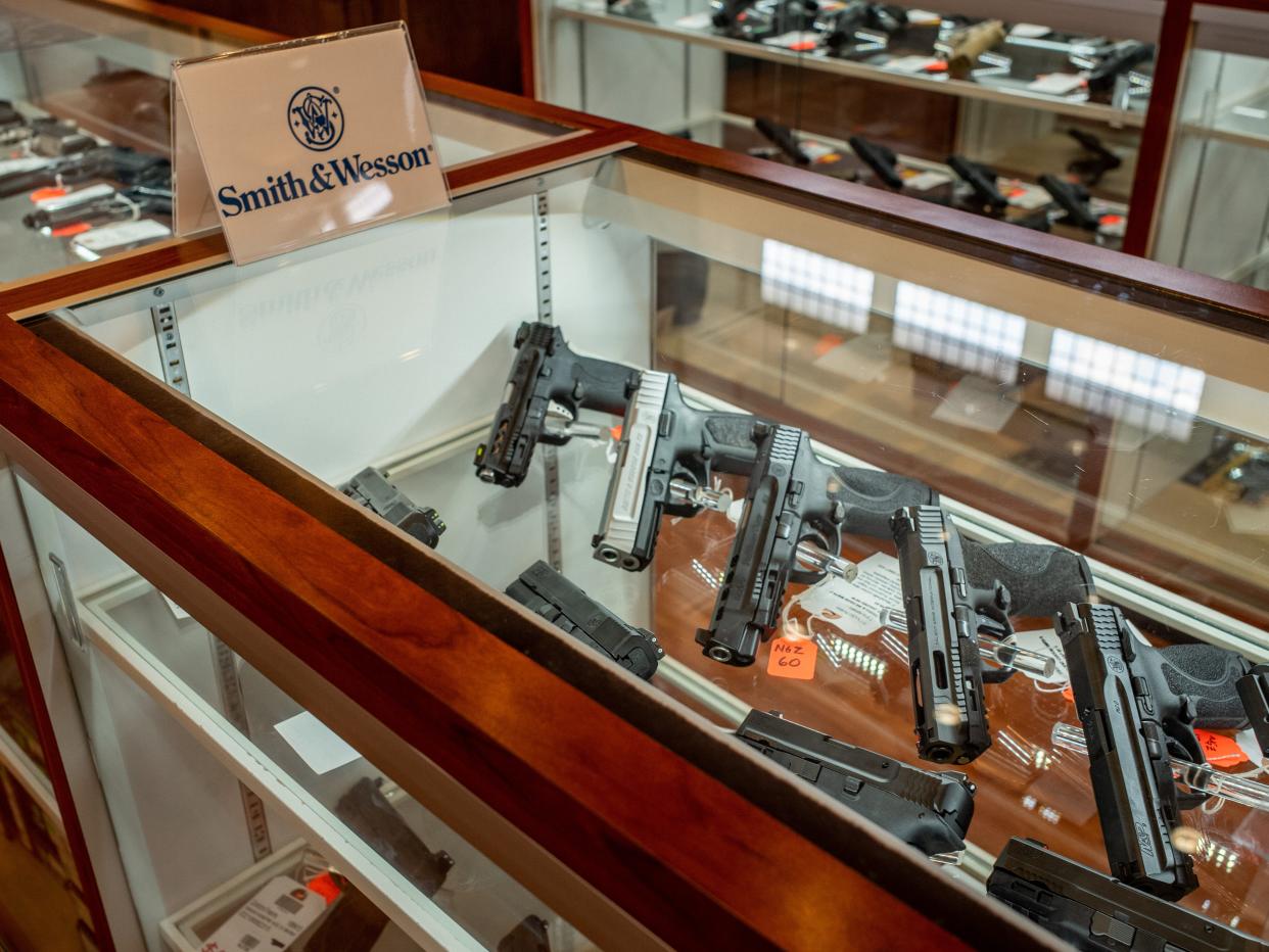 mith & Wesson handguns are seen for sale in a gun store on September 09, 2022 in Houston, Texas.