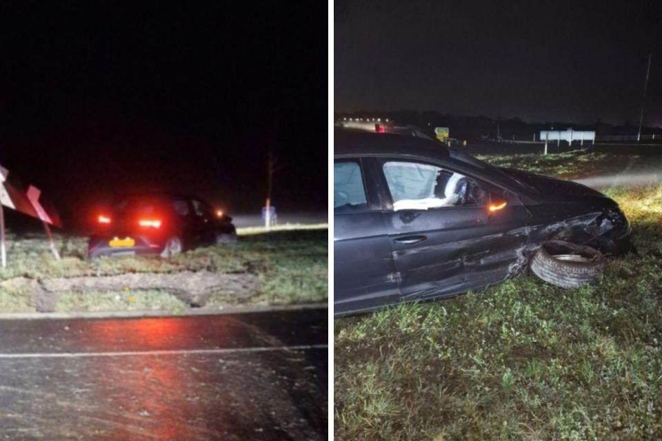 A driver escaped serious injuries after a car smashed into a roundabout off the M i(Image: Lancs Police)/i