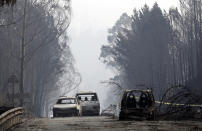 <p>Burned out cars block the road between Castanheira de Pera and Figueiro dos Vinhos, central Portugal, Sunday, June 18 2017. (Armando Franca/AP) </p>