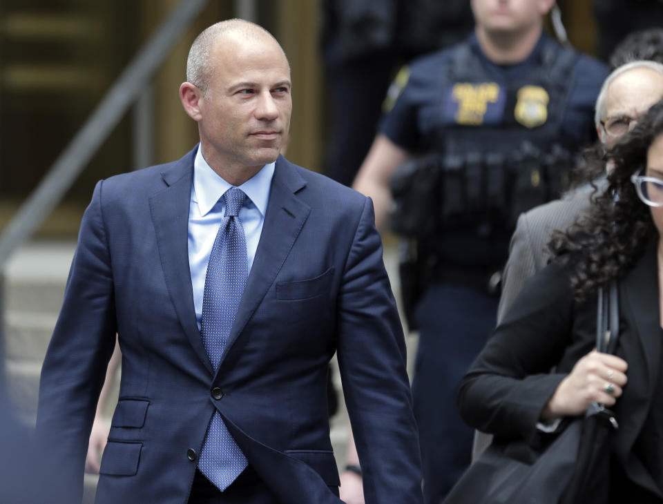Attorney Michael Avenatti leaves a courthouse in New York, Tuesday, May 28, 2019, after pleading not guilty to charges that he defrauded his most famous client, porn star Stormy Daniels. (AP Photo/Seth Wenig)