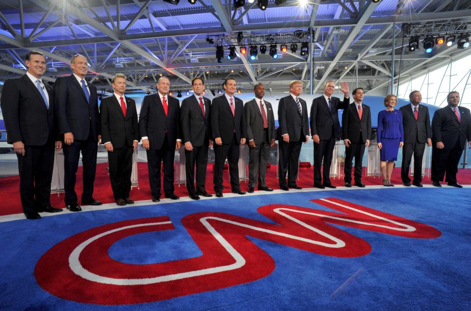 GOP candidates greet the crowd and media before their debate at the Ronald Reagan Presidential Library in 2015. Another debate will be held in the 2024 election season, a Republican leader announced Thursday, April 20, 2023.