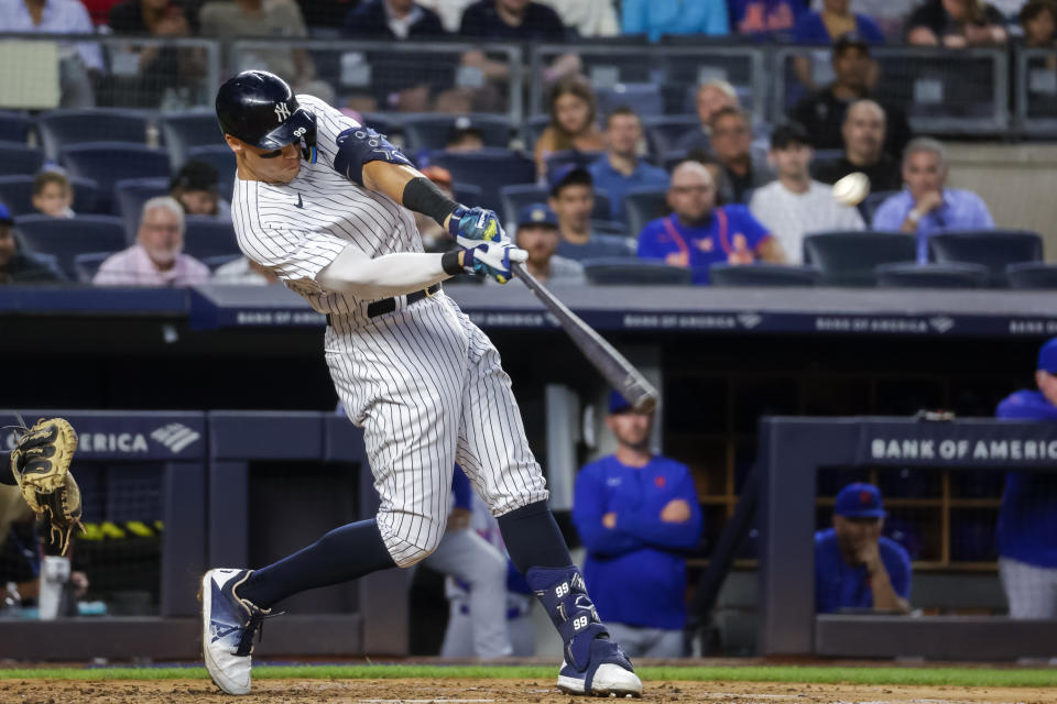 New York Yankees' Aaron Judge hits a home run in the third inning of a baseball game against the New York Mets, Monday, Aug. 22, 2022, in New York. (AP Photo/Corey Sipkin)