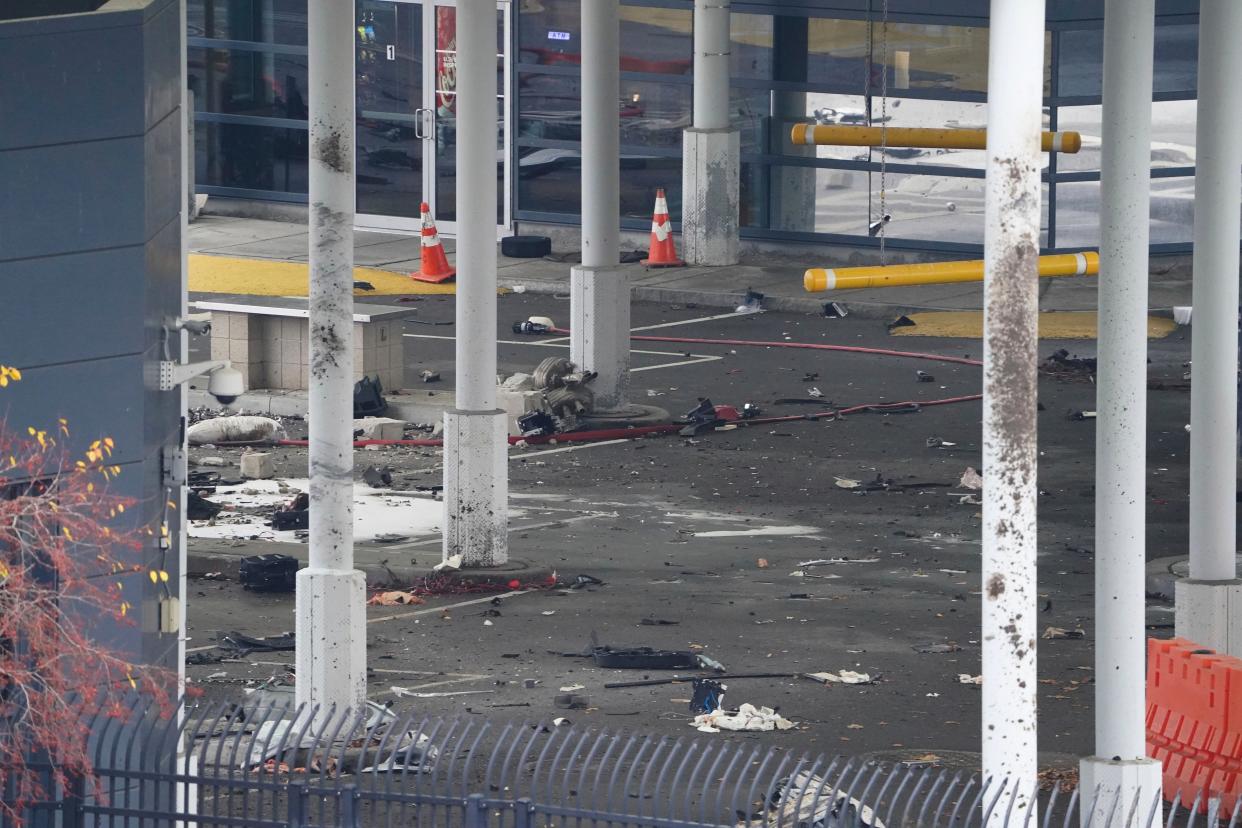 Debris is scattered about inside the customs plaza at the Rainbow Bridge border crossing, Wednesday, Nov. 22, 2023, in Niagara Falls (AP)