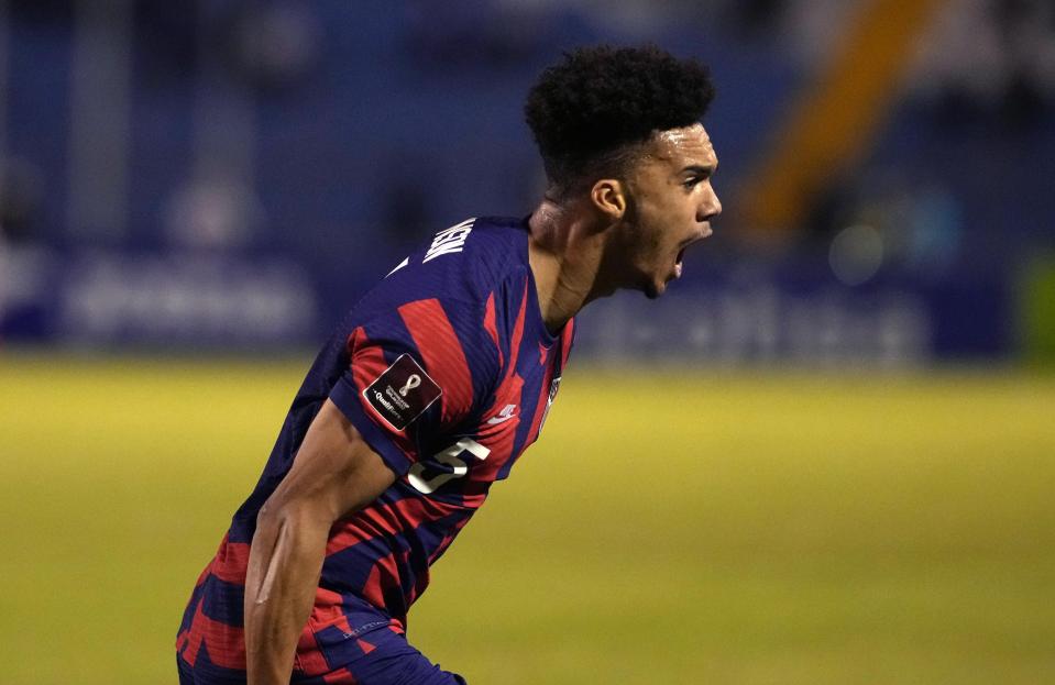 United States' Antonee Robinson celebrates scoring his side's opening goal against Honduras during a qualifying soccer match for the FIFA World Cup Qatar 2022, in San Pedro Sula, Honduras, Wednesday, Sept. 8, 2021. (AP Photo/Moises Castillo)