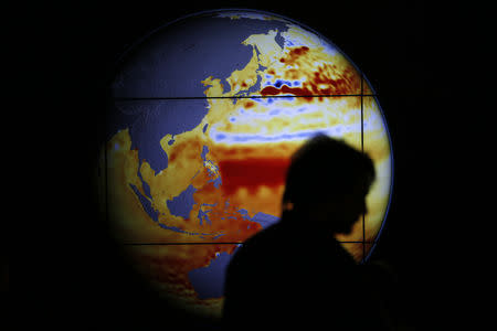 FILE PHOTO: A woman walks past a map showing the elevation of the sea in the last 22 years during the World Climate Change Conference 2015 (COP21) at Le Bourget, near Paris, France, December 11, 2015. REUTERS/Stephane Mahe