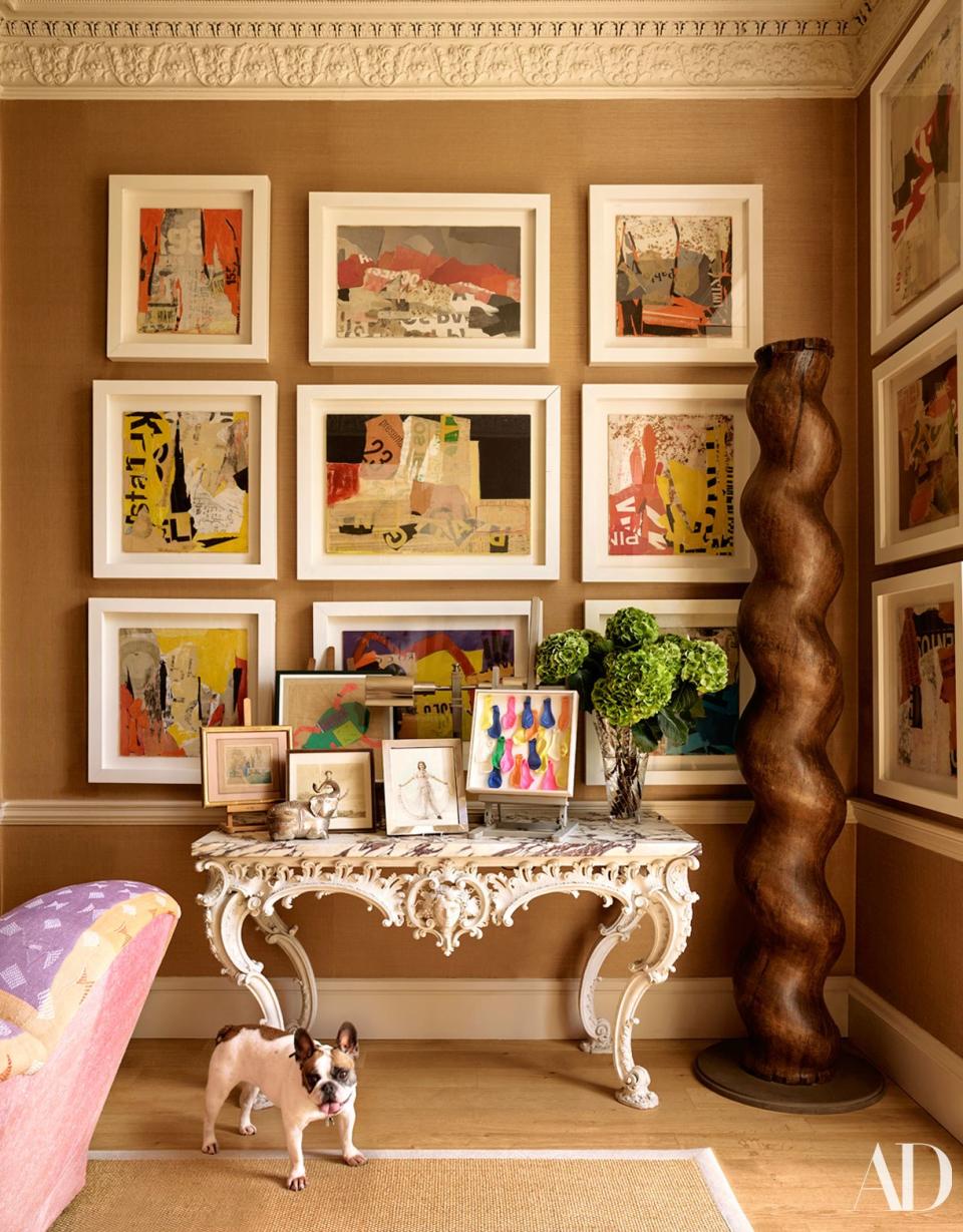 An art-filled corner of Brooke and Julian Metcalfe's Oxfordshire home.