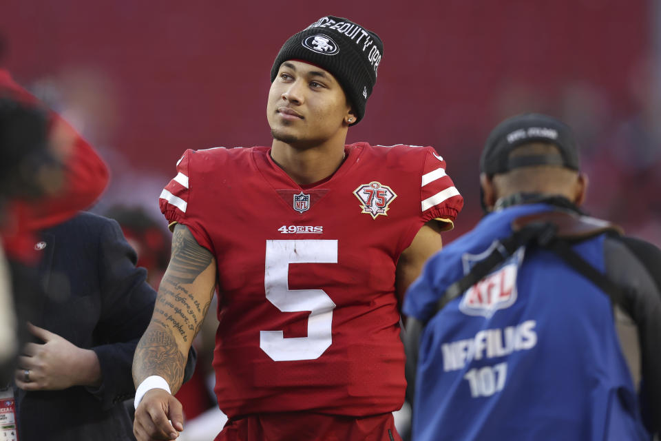 San Francisco 49ers quarterback Trey Lance (5) walks off the field after the 49ers defeated the Houston Texans in an NFL football game in Santa Clara, Calif., Sunday, Jan. 2, 2022. (AP Photo/Jed Jacobsohn)