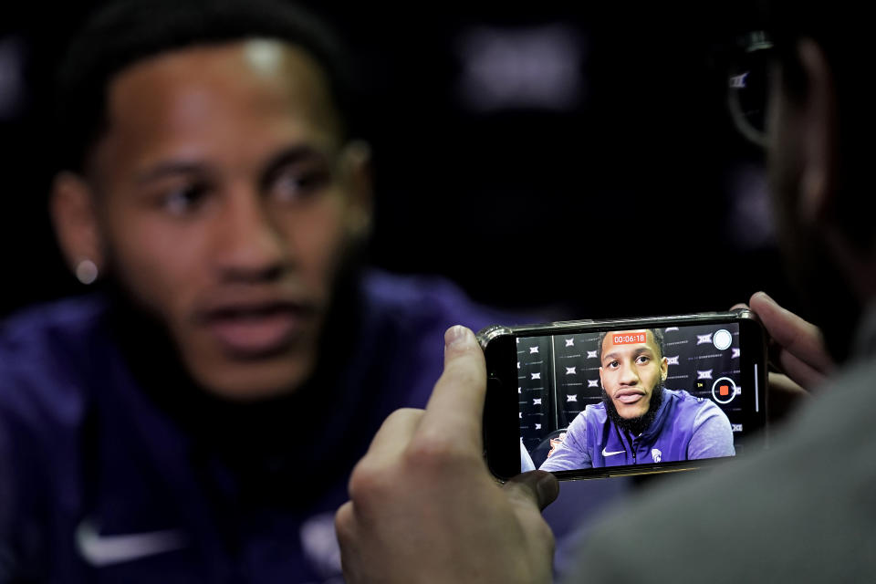 Kansas State guard Markquis Nowell speaks to the media during Big 12 NCAA college basketball media day Wednesday, Oct. 19, 2022, in Kansas City, Mo. (AP Photo/Charlie Riedel)