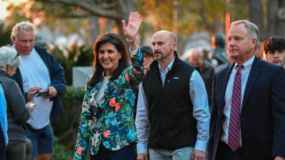 Nikki Haley, former S.C. Governor and U.S. Ambassador to the United Nations, walks from her campaign bus with 14th Circuit Solicitor Duffie Stone at her left to Henry C. Chambers Waterfront Park on Wednesday, Feb. 21, 2024, in Beaufort.
