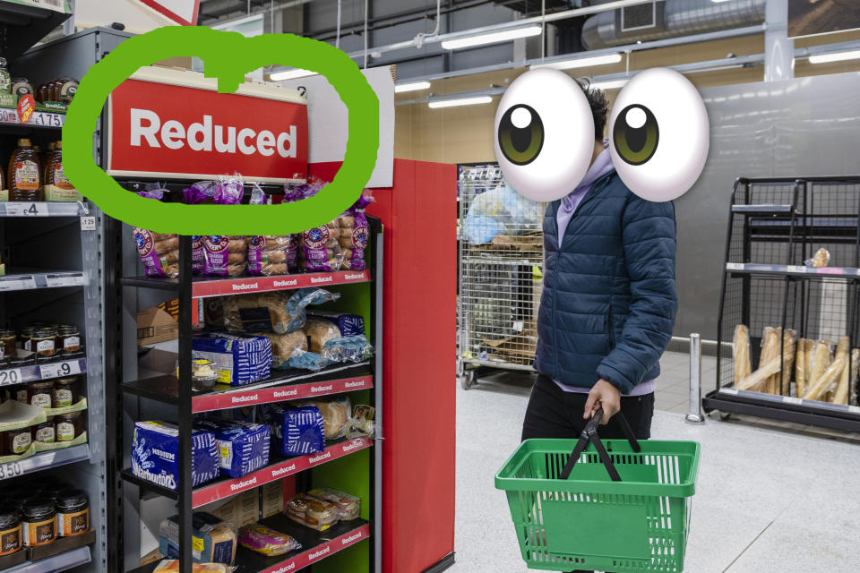 man checking out reduced price bread in a grocery store