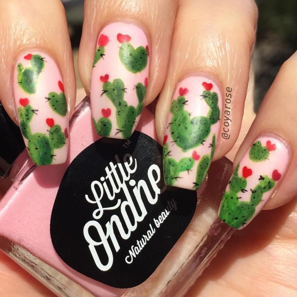 28) Cute Cacti Valentine's Day Nail Design