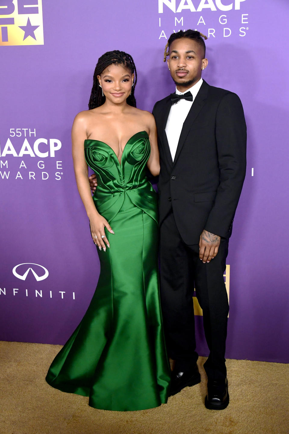 LOS ANGELES, CALIFORNIA - MARCH 16: (L-R) Halle Bailey and DDG attends the 55th Annual NAACP Awards at Shrine Auditorium and Expo Hall on March 16, 2024 in Los Angeles, California. (Photo by Unique Nicole/WireImage)