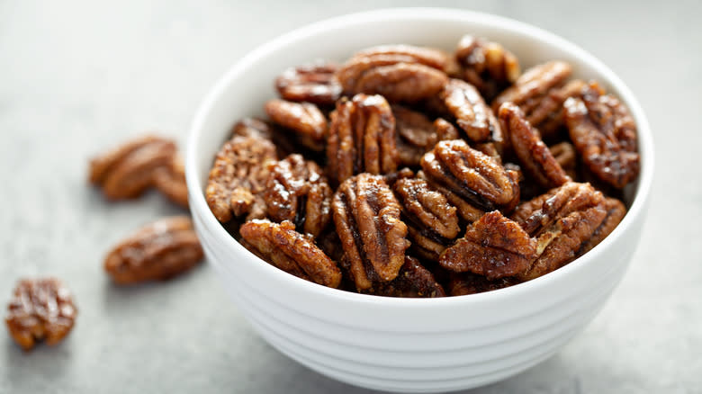 Candied pecans in a bowl