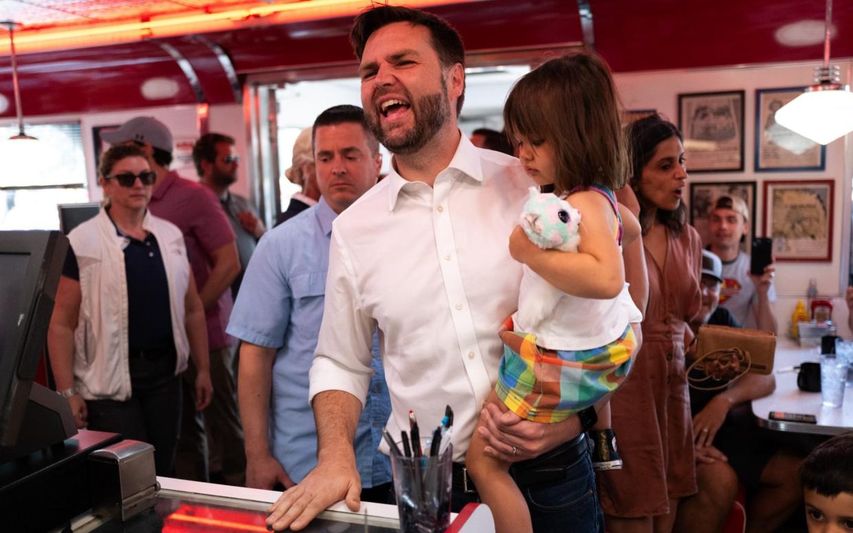 JD Vance greeted Republican supporters at the Park Diner in St Cloud, Minnesota on Sunday