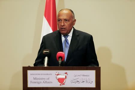 Egypt's Foreign Minister Sameh Shoukri speaks to media after the foreign ministers of Saudi Arabia, Bahrain, the United Arab Emirates and Egypt meeting to discuss their dispute with Qatar, in Manama, Bahrain July 30, 2017. REUTERS/Hamad I Mohammed