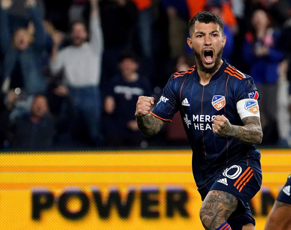 FC Cincinnati midfielder Luciano Acosta (10) celebrates after scoring on a penalty kick against Toronto FC during the second half of an MLS soccer match Wednesday, May 4, 2022, in Cincinnati.