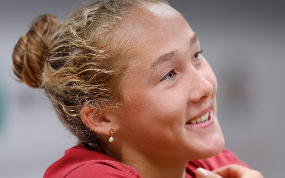 Russia's Mirra Andreeva speak at a news conference after her second round match of the French Open tennis tournament at the Roland Garros stadium in Paris, Thursday, June 1, 2023 - AP Photo/Jean-Francois Badias