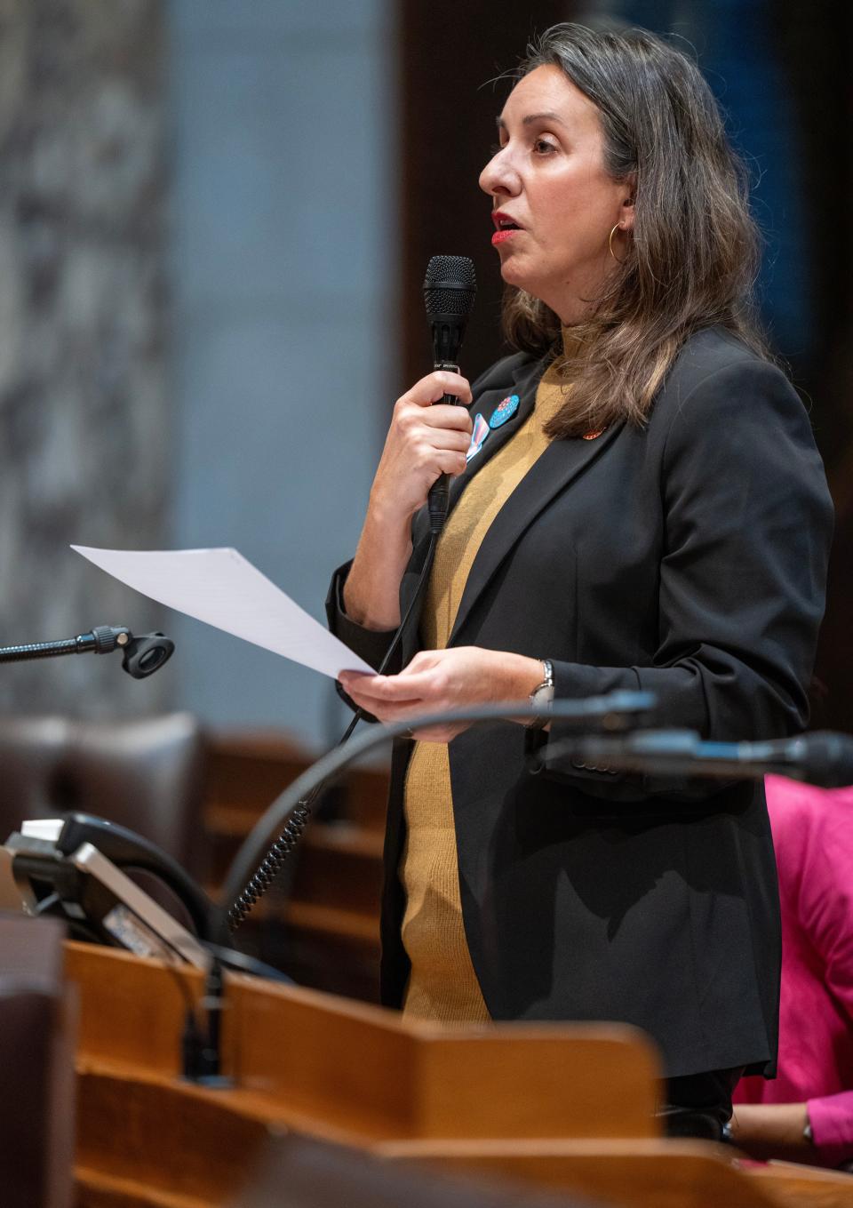 Rep. Lee Snodgrass (D-Appleton) speaks against a bill that would prohibit transgender women and girls from competing on women's sports teams in the Assembly Thursday, October 12, 2023 at the Capitol in Madison, Wis. Republicans argue the bills would ensure competitiveness in women's sports and prevent transgender individuals from regretting medical procedures — though reviews of research find regretting a gender transition is uncommon. Advocates representing the LGBTQ community testified that the proposals would harm transgender and nonbinary youth in Wisconsin and worsen the mental health challenges and stigma they face.



Mark Hoffman/Milwaukee Journal Sentinel