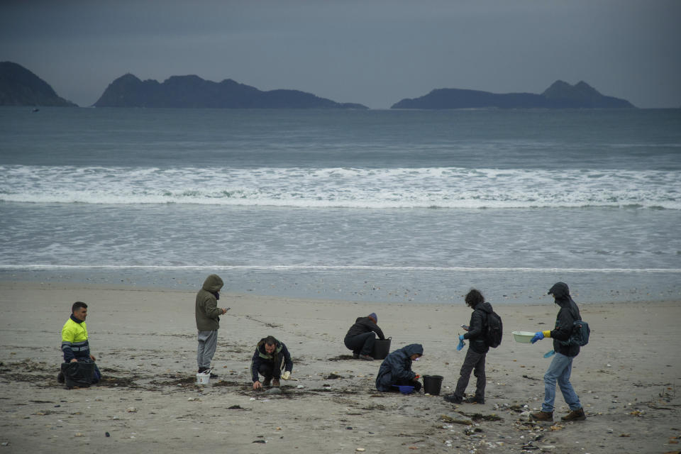 Volunteers collect plastic pellets from a beach in Nigran, Pontevedra, Spain, Tuesday, Jan. 9, 2024. Spanish state prosecutors have opened an investigation into countless tiny plastic pellets washing up on the country's northwest coastline after they were spilled from a transport ship. (AP Photo/Lalo R. Villar)