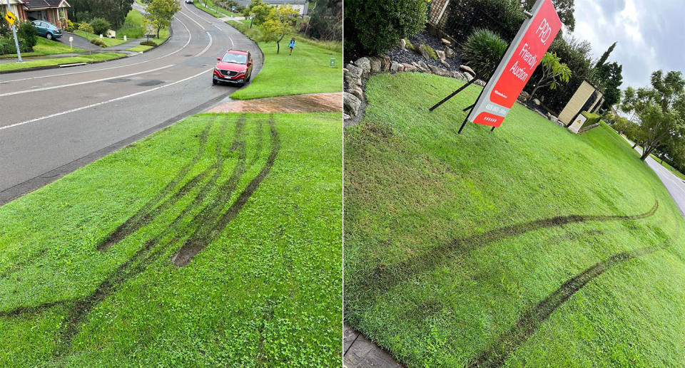 Two pictures showing tyre marks on the grass which the man blamed on an Australia Post employee.