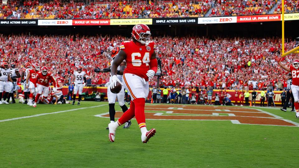 Kansas City Chiefs lineman Wanya Morris celebrates scoring a touchdown