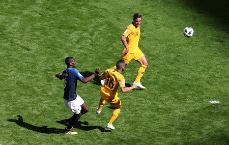 Soccer Football - World Cup - Group C - France vs Australia - Kazan Arena, Kazan, Russia - June 16, 2018 France's Paul Pogba scores their second goal REUTERS/Sergio Perez