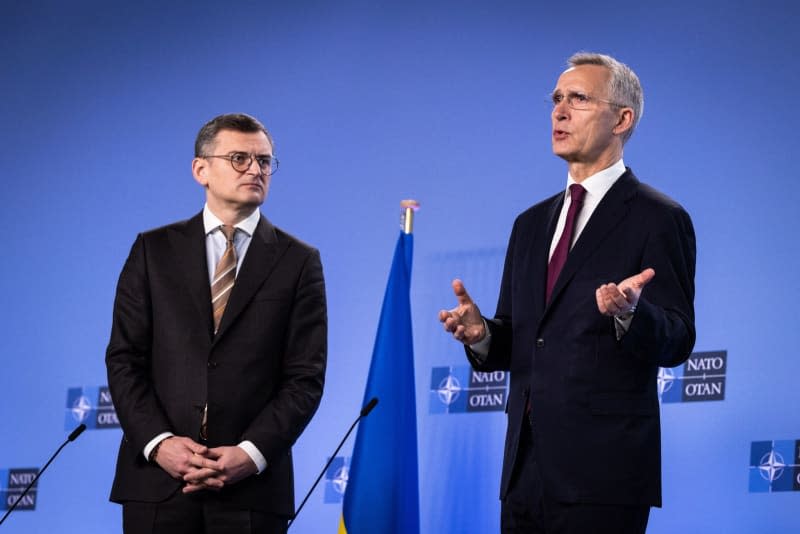 North Atlantic Treaty Organization (NATO) Secretary General Jens Stoltenberg (R) meets with Ukranian Minister for Foreign Affairs Dmytro Kuleba on the sidelines of the NATO foreign ministers meeting. -/NATO/dpa