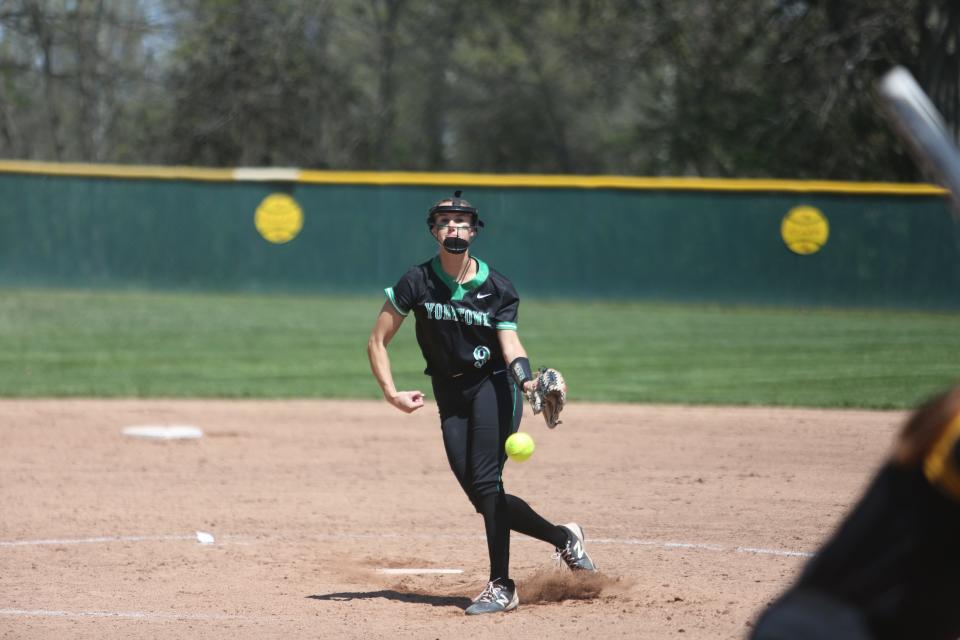 Yorktown softball's pitching in her team's 10-0 win over Cowan in the semifinals of the 2022 Delaware County tournament at Wes-Del High School on Saturday, May 7, 2022.