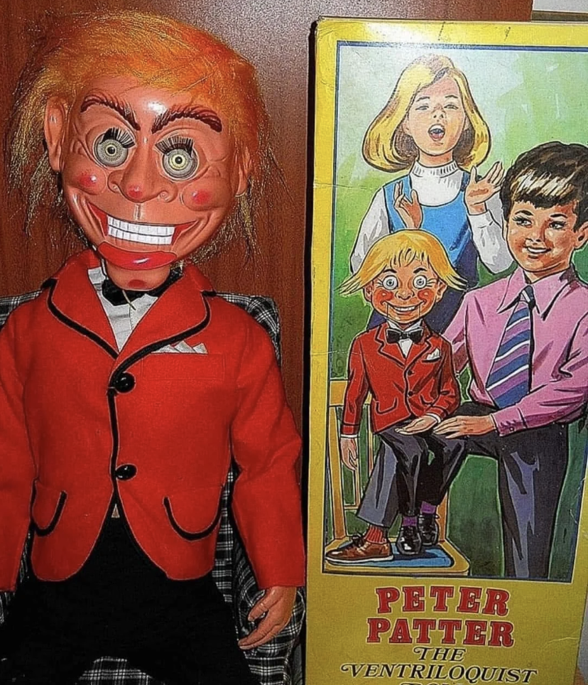 Vintage ventriloquist doll next to a "Peter Patter the Ventriloquist" book cover with illustrated children